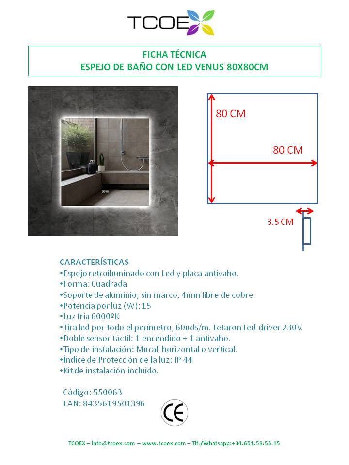 baanio - Espejo Cuadrado de Baño 80x80 cm, Vidrio Espejo Square Plata  Ecológica, Fácil Instalación